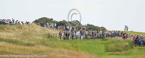 Tiger Woods and Ricky Fowler leaving the 18th tee on the second day of practice at the 2019 Open at Royal Portrush