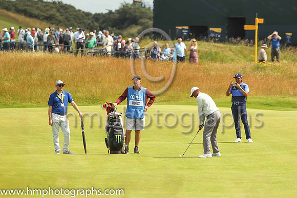 Tiger Woods preparing his second shot to the 18th green on the second day of practice at the 2019 Open at Royal Portrush