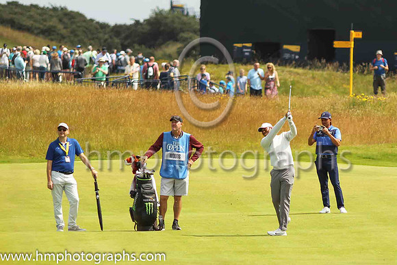 Tiger Woods preparing his second shot to the 18th green on the second day of practice at the 2019 Open at Royal Portrush