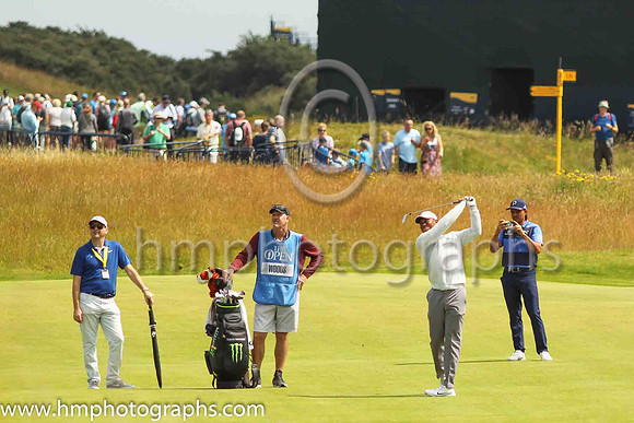 Tiger Woods preparing his second shot to the 18th green on the second day of practice at the 2019 Open at Royal Portrush