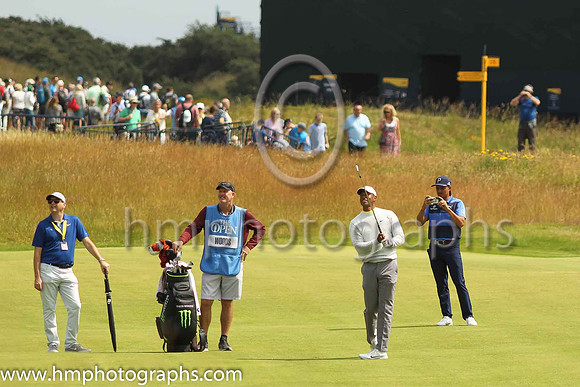 Tiger Woods preparing his second shot to the 18th green on the second day of practice at the 2019 Open at Royal Portrush