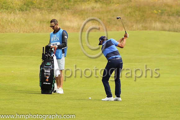Ricky Fowler playing his second shot to the 18th green on the second day of practice at the 2019 Open at Royal Portrush