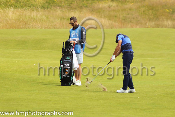Ricky Fowler playing his second shot to the 18th green on the second day of practice at the 2019 Open at Royal Portrush