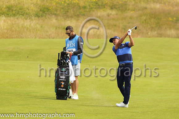 Ricky Fowler playing his second shot to the 18th green on the second day of practice at the 2019 Open at Royal Portrush