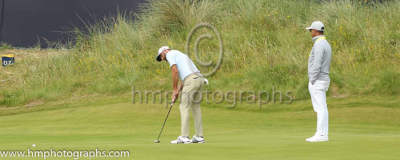 Duston Johnson on the 18th green during practice at the 2019 Open at Royal Portrush