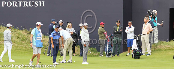 Tiger Woods on the 18th green during practice at the 2019 Open at Royal Portrush