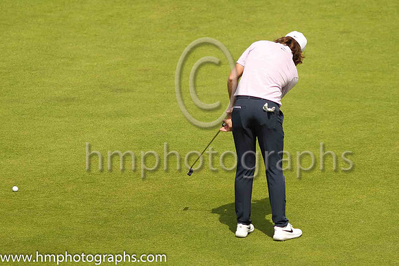 Tommy Fleetwood puts on the 18th green on the second day of practice at the 2019 Open at Royal Portrush