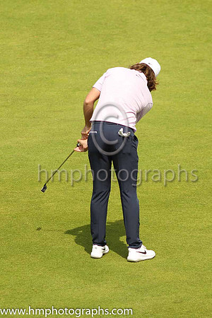 Tommy Fleetwood on the 18th green during practice at the 2019 Open at Royal Portrush
