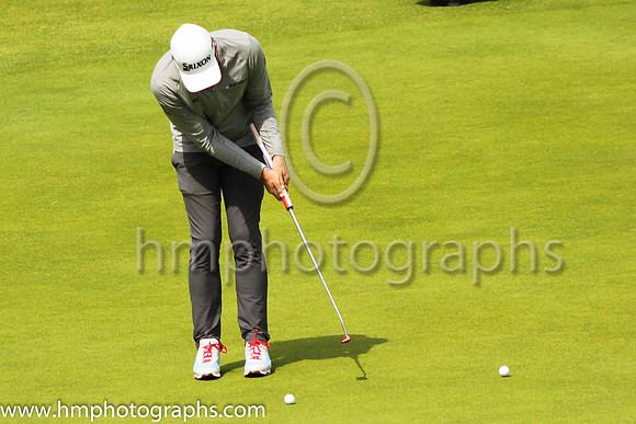 Keegan Bradley puts on the 18th green on the second day of practice at the 2019 Open at Royal Portrush