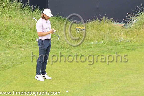 Tommy Fleetwood on the 18th green on the second day of practice at the 2019 Open at Royal Portrush