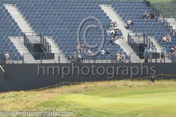 The grandstand at the first green on the second day of practice at the 2019 Open at Royal Portrush