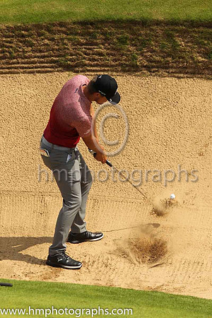 Bryson Dechambeau plays from the bunker to the 17th green on the second day of practice at the 2019 Open at Royal Portrush