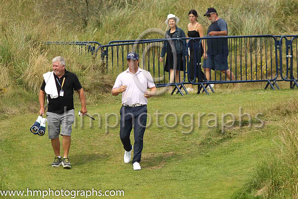 Walkinh off the 18th tee during practice at the 2019 Open at Royal Portrush