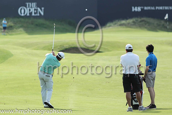 Grahame McDowelll hits to the 18th green during practice at the 2019 Open at Royal Portrush