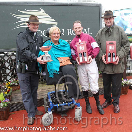 Eddie O'Leary winning owner of Road To Riches , Elspie Nicholson of JNwine.com, sponsors of JNwine.com Chase at Down Royal and winning jockey Paul Carberry and winning trainer Noel Meade