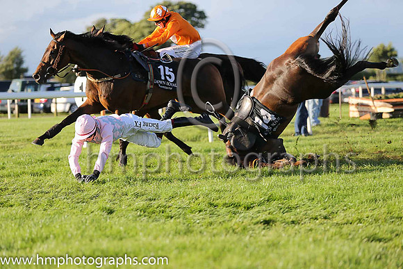 Fell - Redrobin and David Mulline (14, pink and grey diamonds) trainer David Harry Kelly - horse and rider were ok
