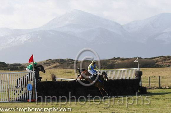 Horses jump fence 1 after the start of Race 1 at Tyrella with the snow covered Mourne Mountains as a backdrop
