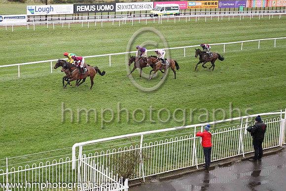 Racing at at the emptygrandstands and enclosures at Down Royal on Saint Patrick's Day 2020. Spectators were excluded because of COVID-19. RHI had banned spectators in a bid to control the spread of th
