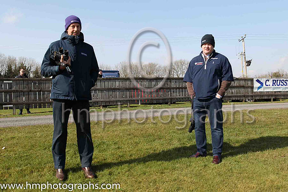 Gavin Cromwell and Gordon Elliott keep their distance at Downpatrick Racecourse due COCID-19 instructions