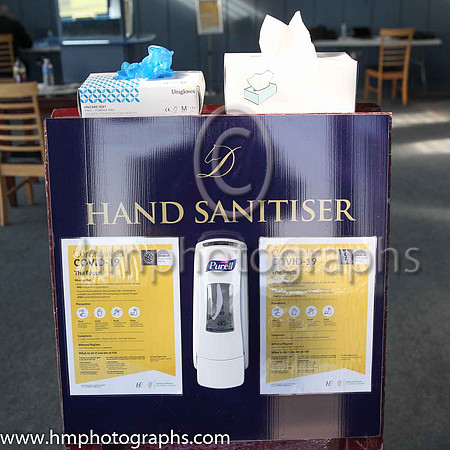 Sanitiser and instructions i the entrance to the press room at Downpatrick Racecourse on Randox Ulster National Raceday