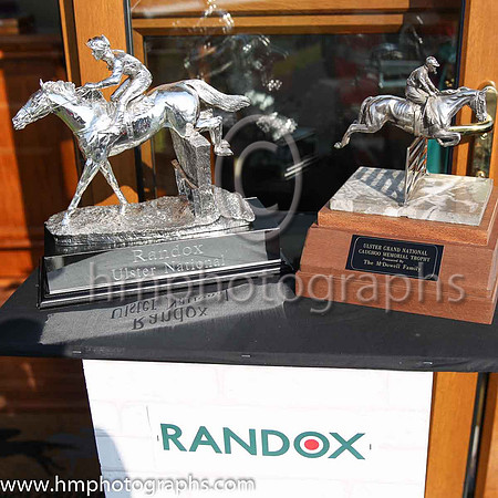 The trophies for the winner of the Randox Ulster National Steeplechase at Downpatrick Racecourse. On the left the Randox Trophy and on the right the Ulster Grand National Caughoo Memorial Trophy prese