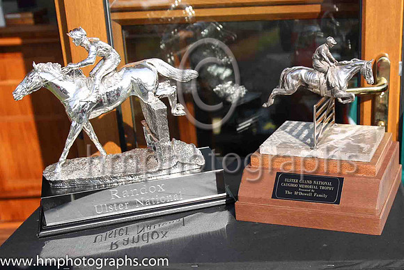 The trophies for the winner of the Randox Ulster National Steeplechase at Downpatrick Racecourse. On the left the Randox Trophy and on the right the Ulster Grand National Caughoo Memorial Trophy prese