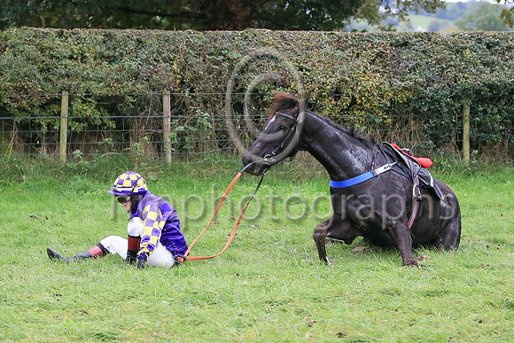 NOREBO and Miss Zoe McMullan ( 11 , PURPLE; purple  yellow check sleeves; purple  yellow check cap ) Trainer: Graham McKeever , Owner : Shane Wilson. Horse and kockey were fine