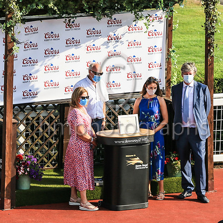 Presentation to owners of Geological on behalf of the sponsors of The Coors Handicap by Susan McCartney of Down Royal with Michael Roden owner of Down Royal Racecourse