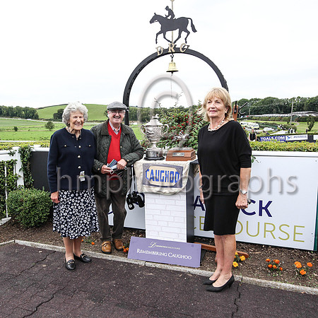Mrs William Brownlow, MBE patron of Downpatrick Racecourse, Frankie Fitzsimmons and Marian Cave, daughter of the trainer of Caughoo, H G McDowell  with the The Caughoo Perpetual Trophy
