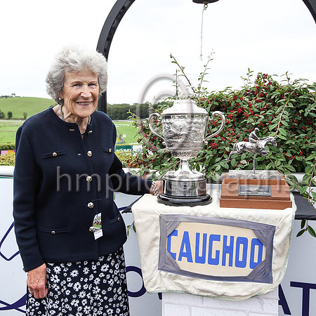 Mrs William Brownlow, PAtron of Downpatrick Racecourse with the Caughoo Perperual Trophy at Down Racecourse on 30th August 2021