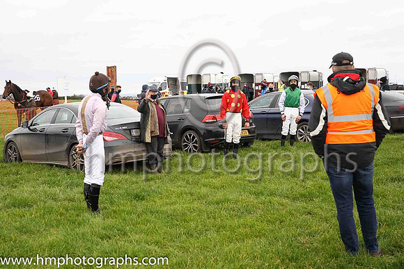 Turf club official Frankie Fitzsimmons briefing jockeys before the start of Portrush P2P