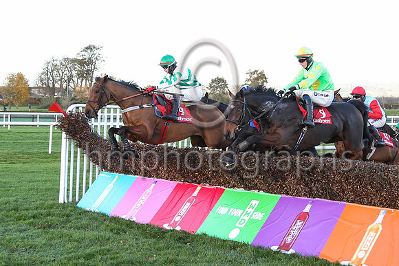 01st Bridge Nativeand C J Orr5 ( 4 , green and white chevrons ) Trainer - Mrs D A Love , Owner - Real Bandits Again Syndicate