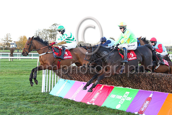 01st Bridge Nativeand C J Orr5 ( 4 , green and white chevrons ) Trainer - Mrs D A Love , Owner - Real Bandits Again Syndicate