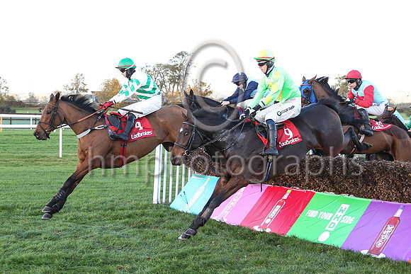 01st Bridge Nativeand C J Orr5 ( 4 , green and white chevrons ) Trainer - Mrs D A Love , Owner - Real Bandits Again Syndicate