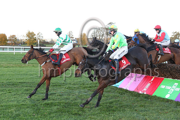 01st Bridge Nativeand C J Orr5 ( 4 , green and white chevrons ) Trainer - Mrs D A Love , Owner - Real Bandits Again Syndicate