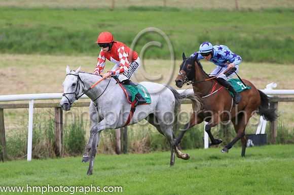Race 1 winner - Roaring Potter ridden by Shane Fitzgerald in red colours with white diamond, number 1