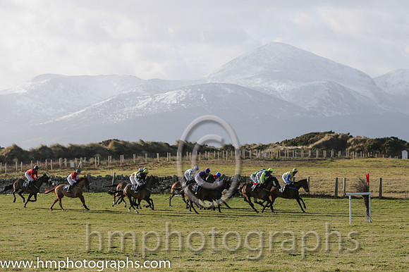 The start of Race 1 at Tyrella with the snow covered Mourne Mountains as a backdrop
