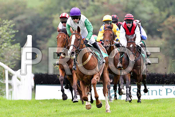 Miss Macauley ( Purple Cap) , Jockey Mr B T O'Connell - 13th in the lead - Lets Go sunshine , Jockey Mr B O'Neill - winner in centre in Yellow and Blue Spots - FT8E4049-e