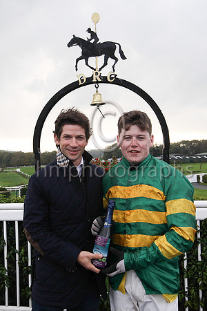 Sam Waley-Cohen and winning jockey Luke Dempsey at Downpatrick Racecourse