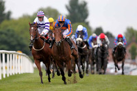 R7 - Slade (White & Purple Hoops) Rider P J Smullen and Rockymountainhigh (Royal Blue Orange Disc) Rider Johnny Murtagh battle it out. Rochymountainhigh won the race - FT8E0606-e