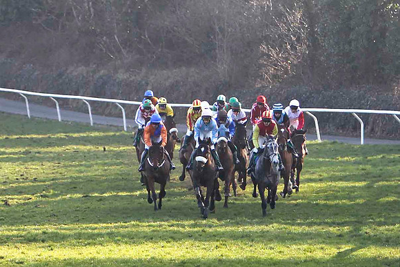 Inoma James (white noseband) , 8th Jockey C D Maxwell & Hughies Grey Winner, Jockey M Darcy  dispute the lead - FT8E0487-e