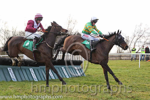Race 3 2nd - Feel The Air (IRE) (6 ) Jockey: M P Butler - Trainer: M M McNiff - maroon, white chevron and Race 3 1st - Jumptoconclusions (IRE) (5 ) Jockey: B J Geraghty - Trainer: E J O'Grady - green
