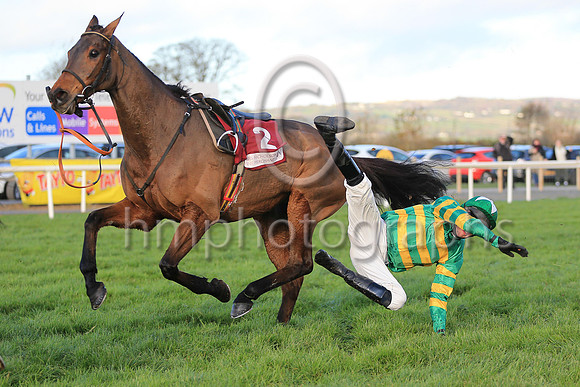 Mark Walsh takes a tumble from Carlingford Lough during the JNWINE.COM Champion Chase at Down Royal