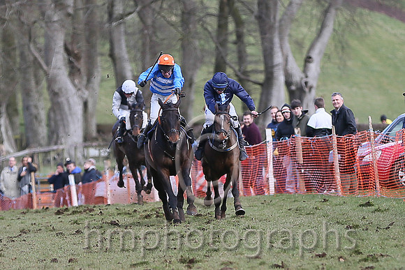 01st BRIDGE END? and N McParlan ( 6 ,Antrim (H)?- BLUE  WHITE HOOPS; blue, plain sleeves; orange cap,white spots ) Trainer: I. R. Ferguson,, Owner : Ferguson Jane  Paul