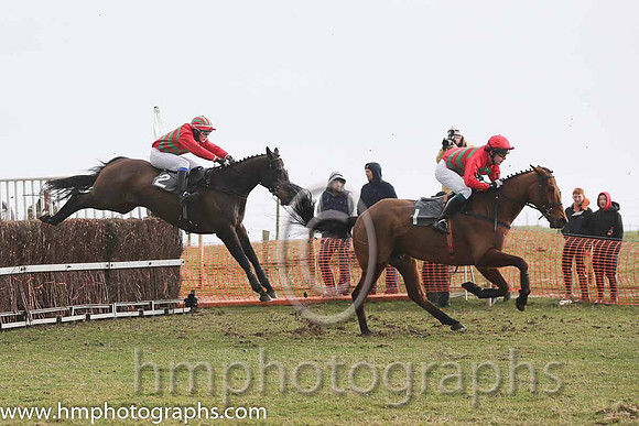 04th Notnowlove ( 2 )  M McCrory - Trainer: Nessa Toher - red, emerald green chevrons and 02nd Carnglave Cat ( 1 )  N McParlan - Trainer: Daniel A Fitzsimmons - black  pink diamonds