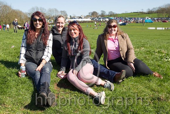 Caroline Todd, Jackie Sempey, Victoria Minford  Megan Dunseath enjoy the sunshine at the Mid-antrim Hnt Point to Point at the new course at Broughshane near Ballymena