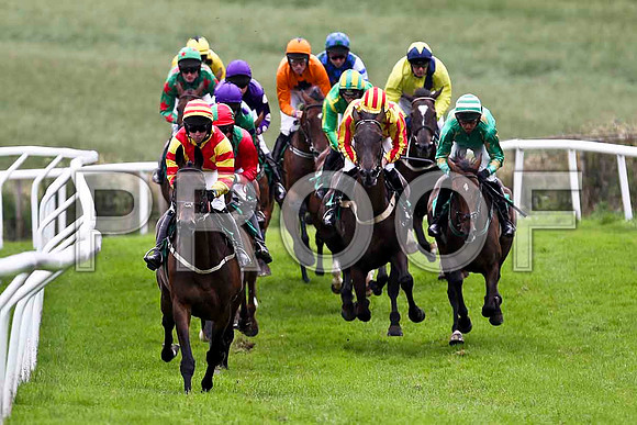 Tear Drops in the lead, finished 4th, Jockey Mr J P McKeown, winner Stigh Collain 4rd from right partially hidden green yellow seams , Jockey Miss N Carberry- FT8E1777-e