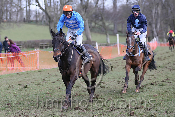 01st BRIDGE END? and N McParlan ( 6 ,Antrim (H)?- BLUE  WHITE HOOPS; blue, plain sleeves; orange cap,white spots ) Trainer: I. R. Ferguson,, Owner : Ferguson Jane  Paul