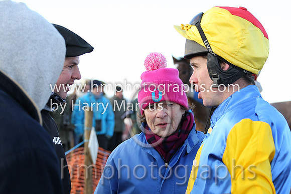 Derek O'Connor debriefs Robert , Ross and Edith Crawford father, brother and mother of Stuart Crawford trainer of Muirhead winner of Race 4 at Tyrella