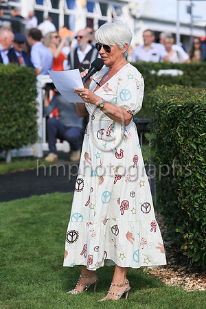 Pamela Ballantine announcing in the parade ring at Downpatrick Ladies Day at Downpatrick Racecourse on Monday
